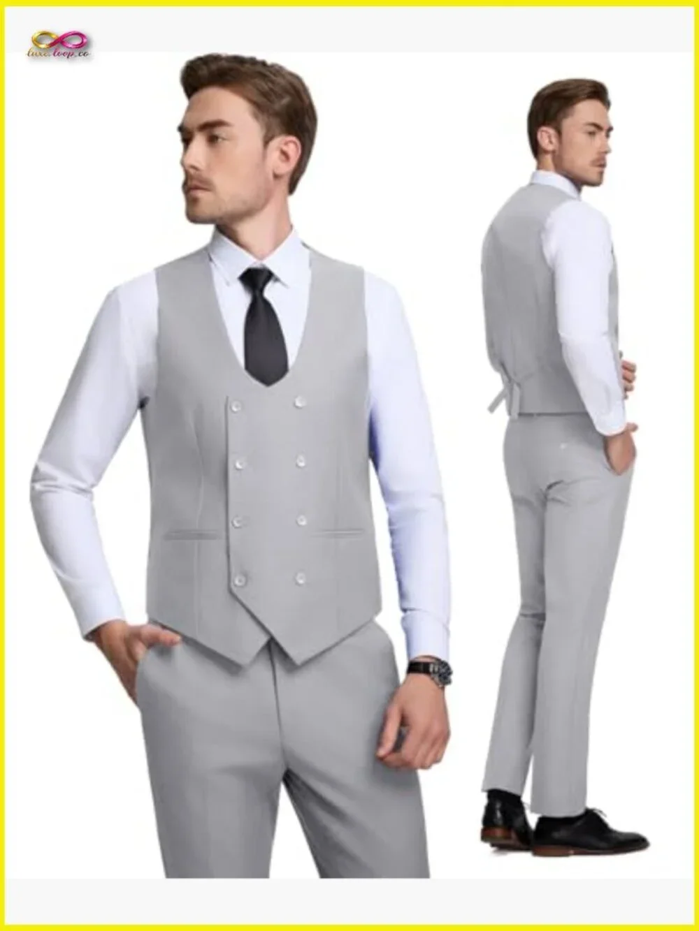 Slim Fit Double Breasted 3-Piece Suit Elegant Business Formal Wedding Tuxedo
